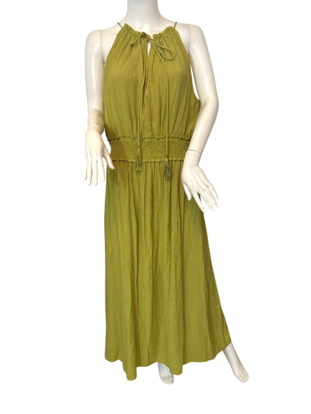 Taylor Maxi Dress L Chartreuse Drawstring Halter Sleeveless Deep V-Neck Tassels